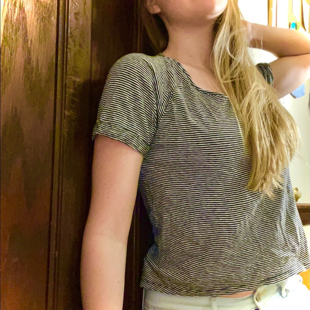 Tahari Navy and White Striped High-Low Crop Top